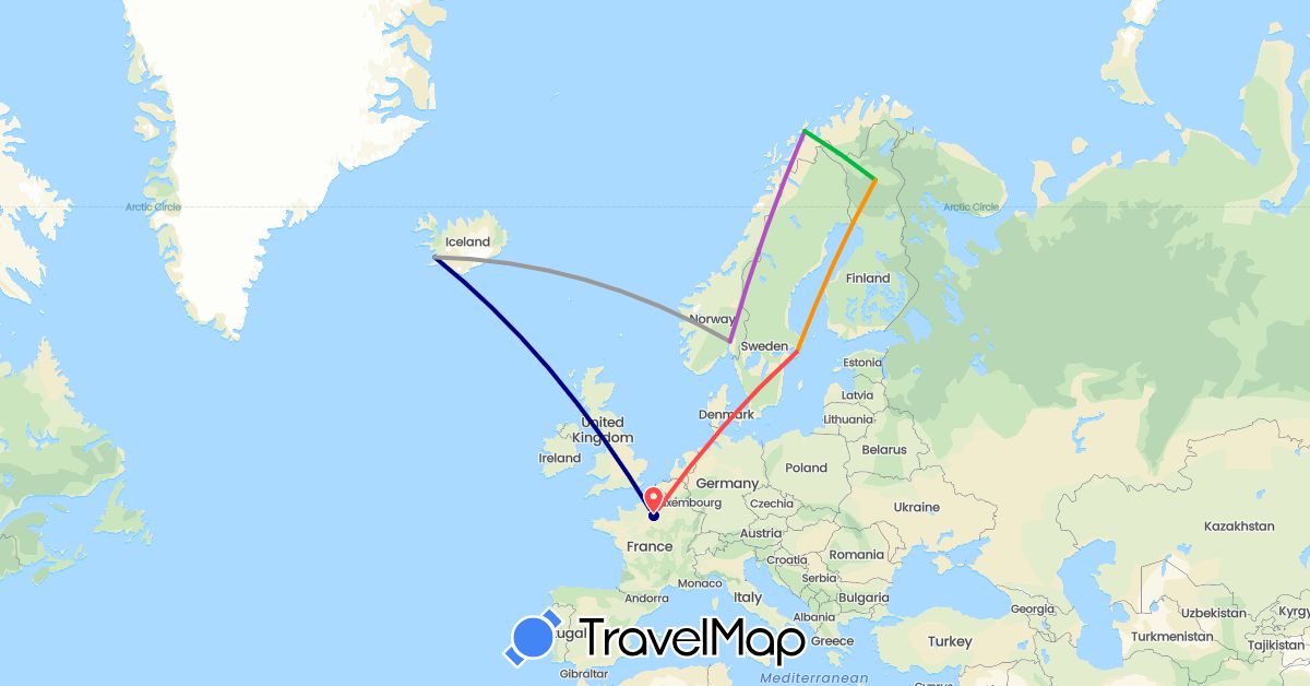 TravelMap itinerary: driving, bus, plane, train, hiking, hitchhiking in Finland, France, Iceland, Norway, Sweden (Europe)